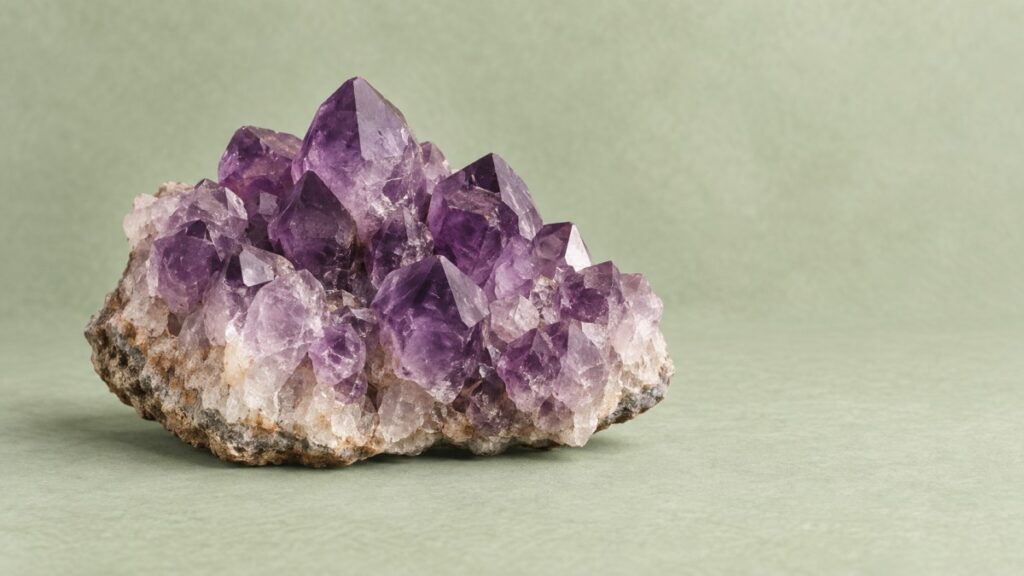 Natural amethyst crystal cluster on a pale sage background