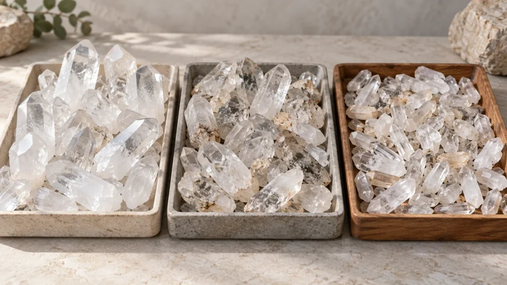 Illustrated trays of clear quartz points with different clarity, inclusions and sizes