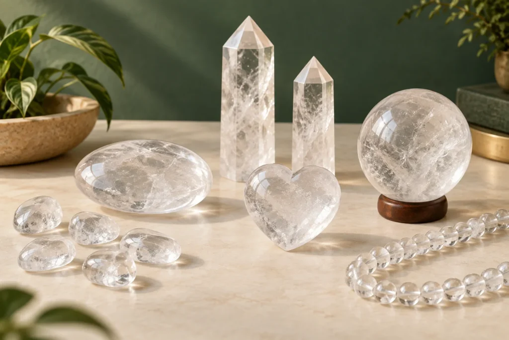 AI-generated illustration of clear quartz tumbles, a palm stone, a heart, towers, a sphere and beads