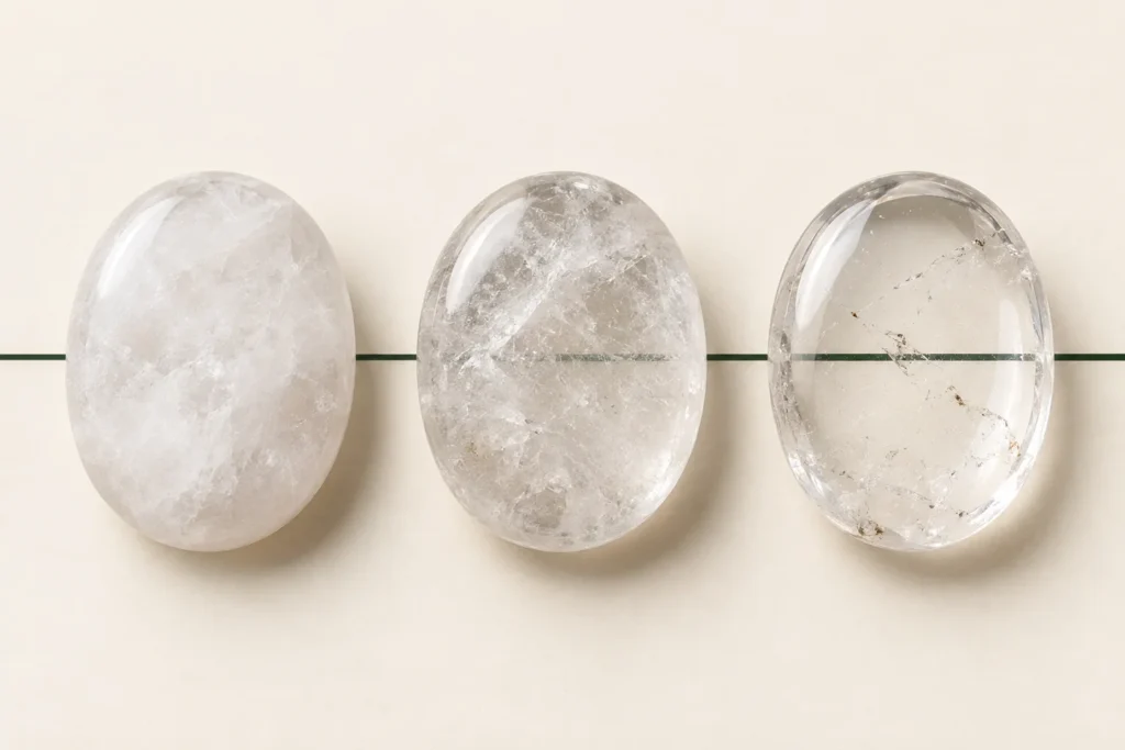 AI-generated illustration of three quartz palm stones with cloudy, translucent and more transparent appearances