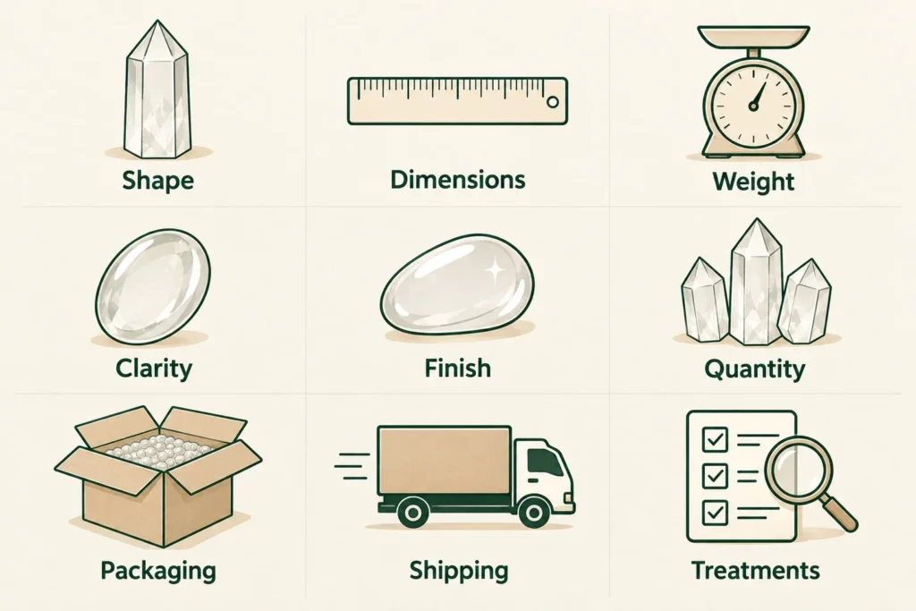 Nine quote comparison factors: shape, dimensions, weight, clarity, finish, quantity, packaging, shipping and treatments