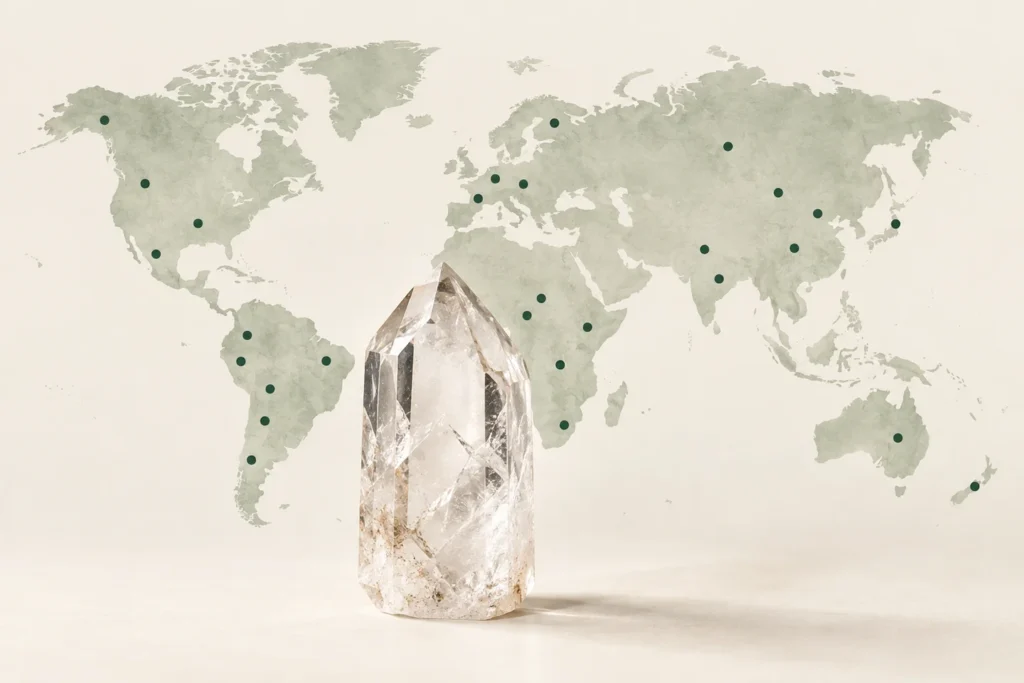 Illustrated world silhouette and clear quartz point representing quartz occurrence across continents