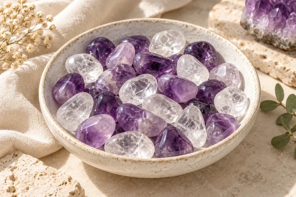 AI illustration: Purple amethyst and clear quartz tumbled stones in a display bowl