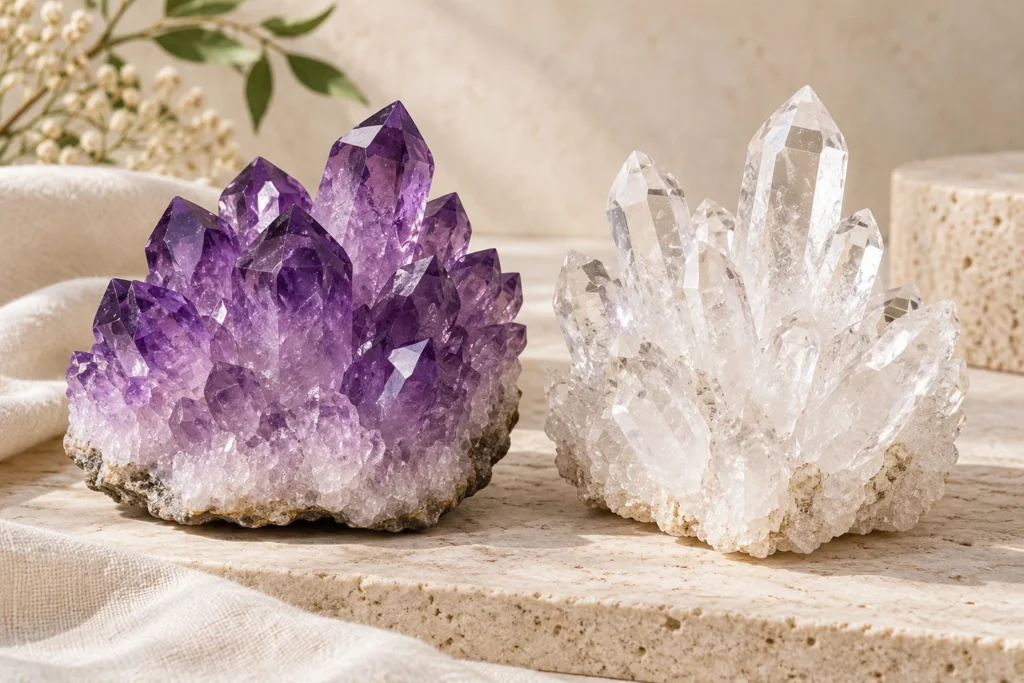 AI illustration: Amethyst and clear quartz clusters displayed side by side