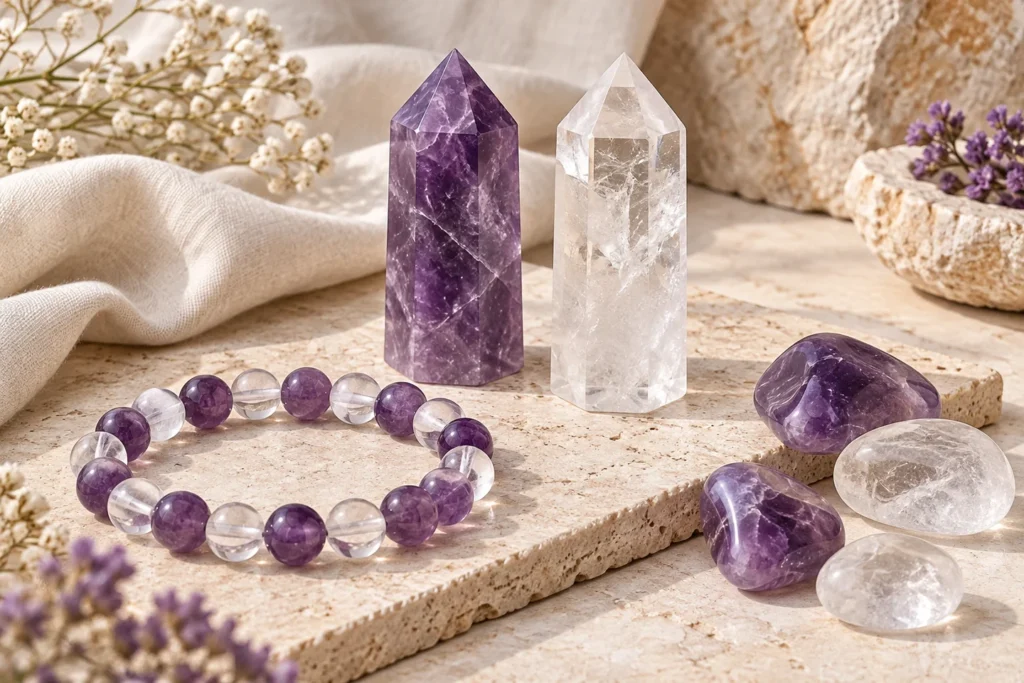 AI illustration: Amethyst and clear quartz towers, mixed bracelet and tumbled stones