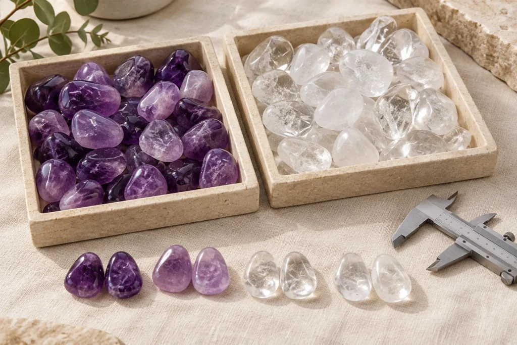AI illustration: Amethyst and clear quartz sample trays with measuring tools