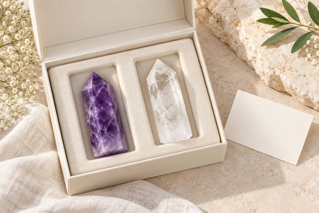 AI illustration: Amethyst and clear quartz towers in a gift box with a blank card