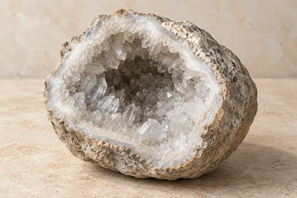 AI-generated illustration of an open clear quartz geode with inward-pointing crystals