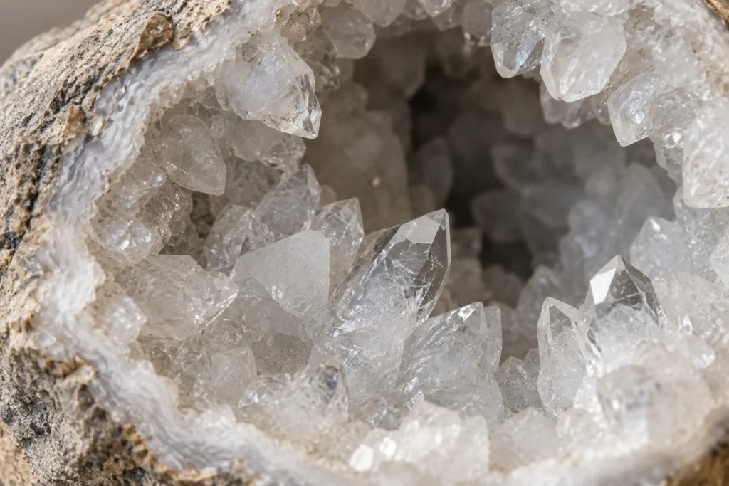 AI-generated close-up illustration of quartz crystals lining a geode cavity