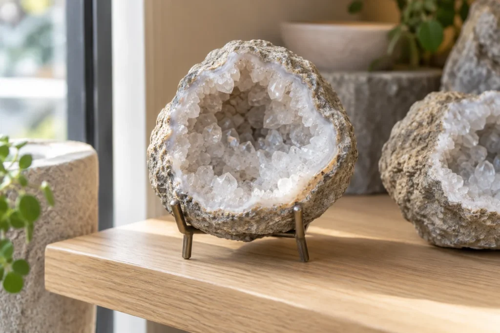 AI-generated illustration of a quartz geode supported on a stand near a shop window