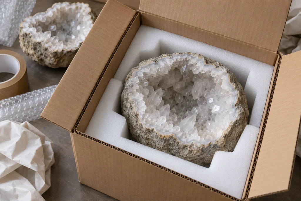 AI-generated packaging concept showing a quartz geode supported in a foam-lined shipping box