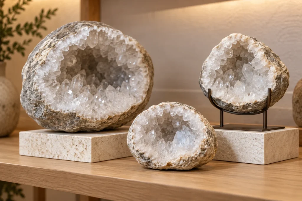 AI-generated illustration of quartz geodes arranged for retail display