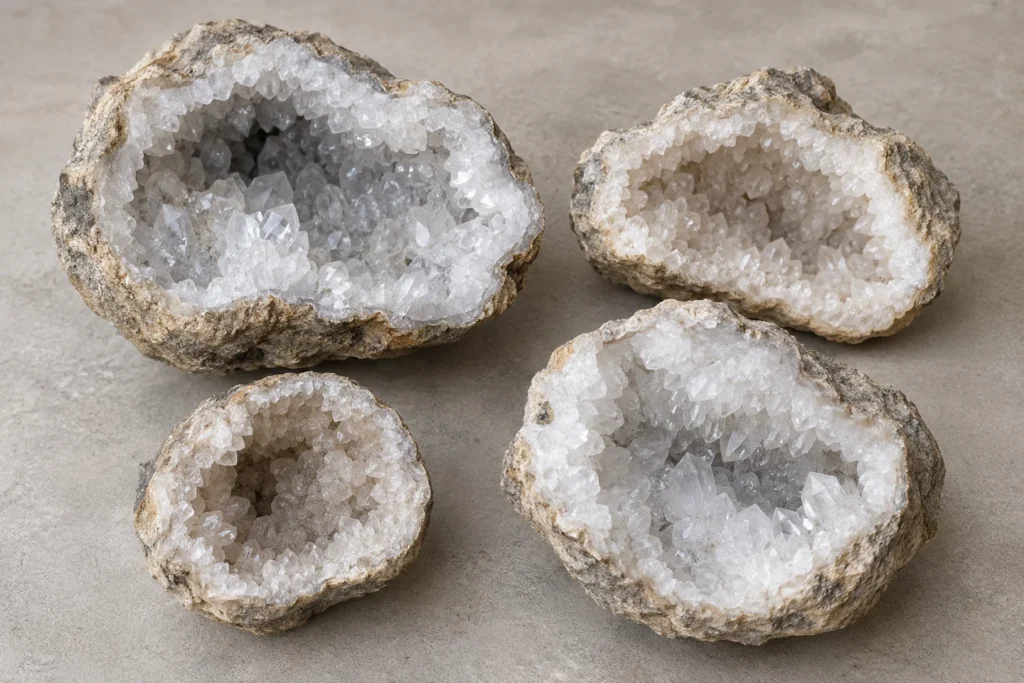 AI-generated illustration of four quartz geode halves showing variation in size and cavity shape