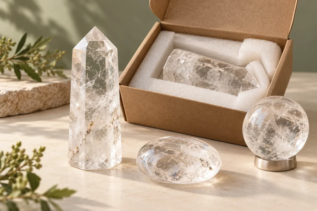 AI-generated illustration of clear quartz towers, a palm stone and a sphere beside a padded shipping box