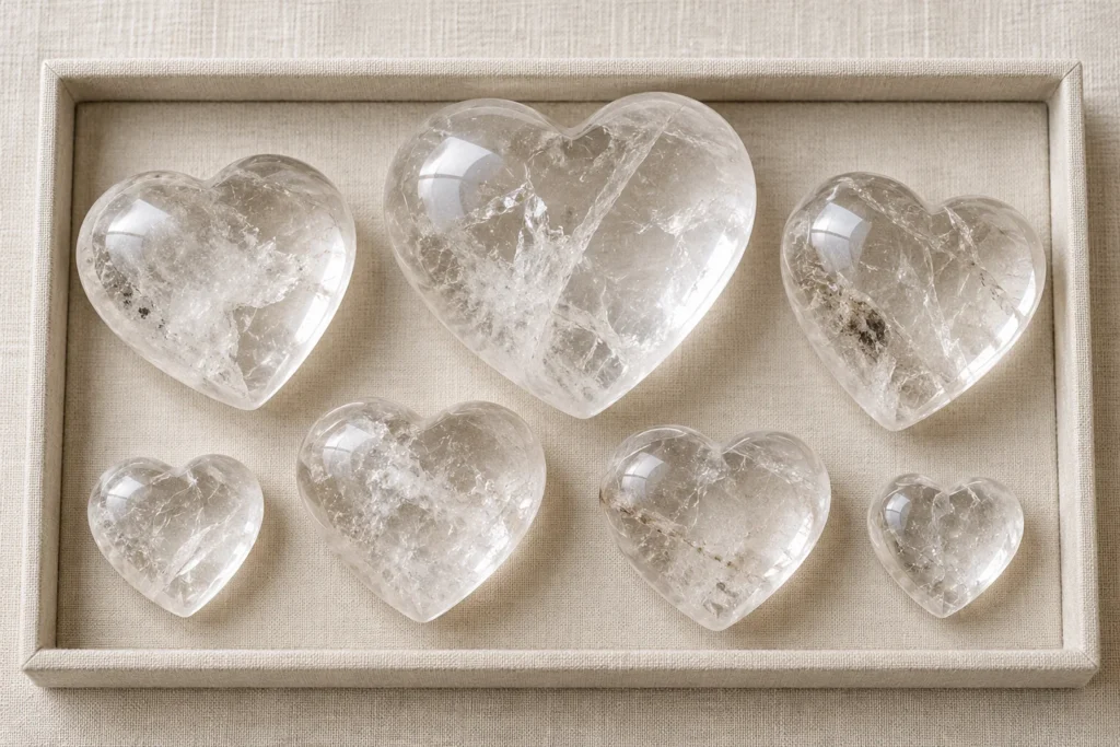 AI illustration: Assortment of clear quartz hearts in different sizes on a retail tray