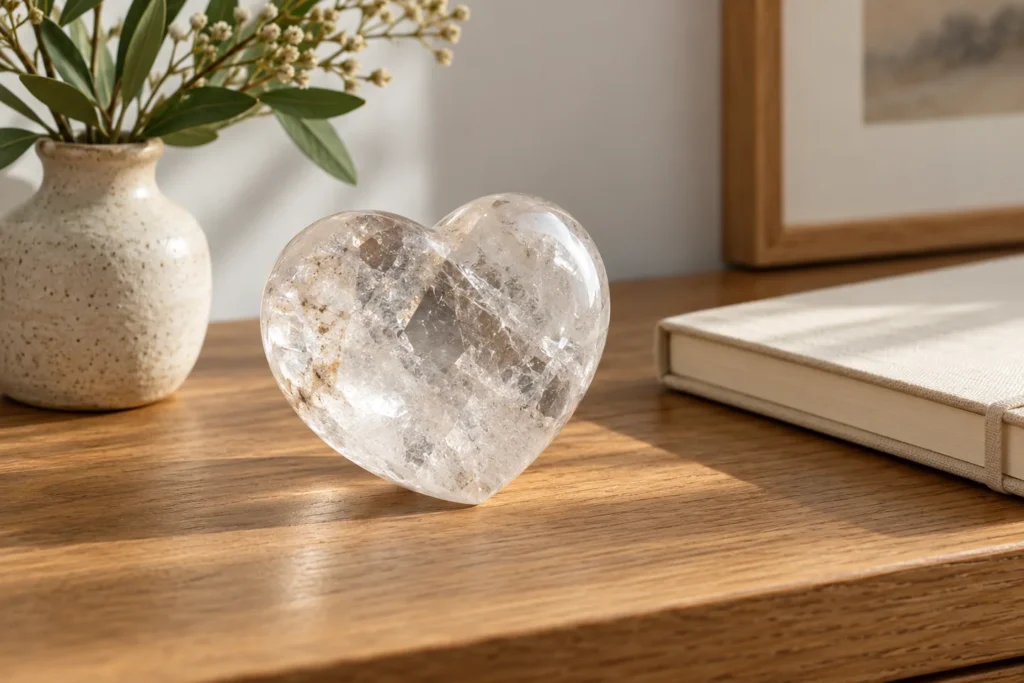 AI illustration: Clear quartz heart displayed on a wooden desk beside a notebook
