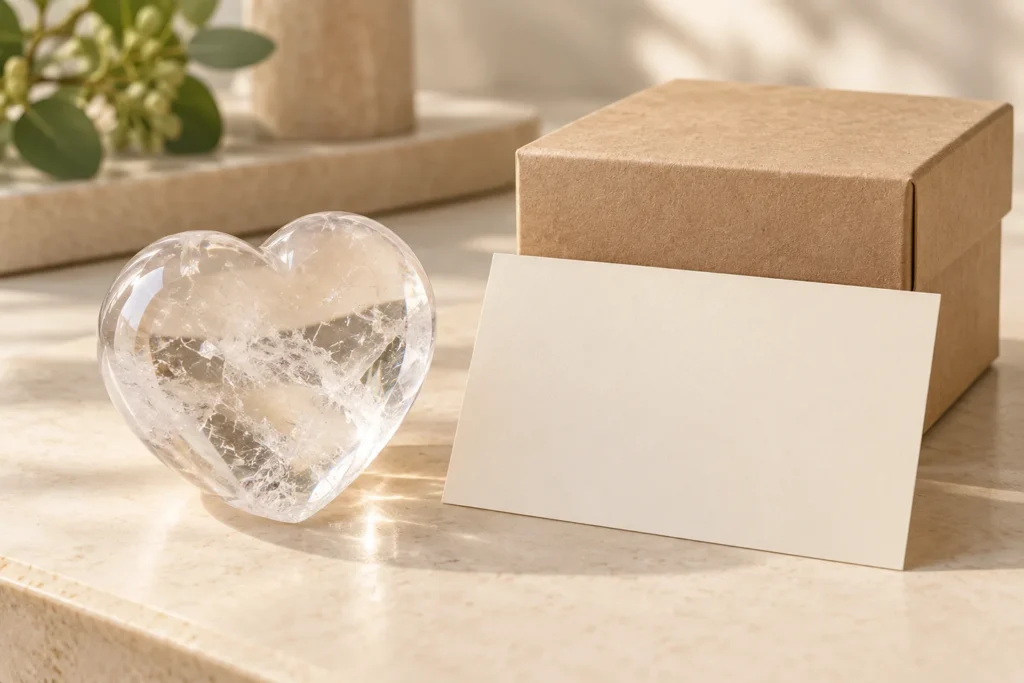 AI illustration: Clear quartz heart with a blank product card and gift box
