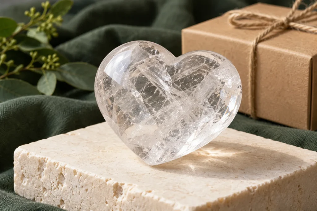 AI illustration: Polished clear quartz heart beside a gift box on a stone display