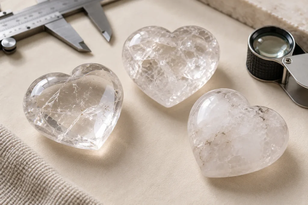AI illustration: Clear quartz hearts with different clarity levels beside inspection tools