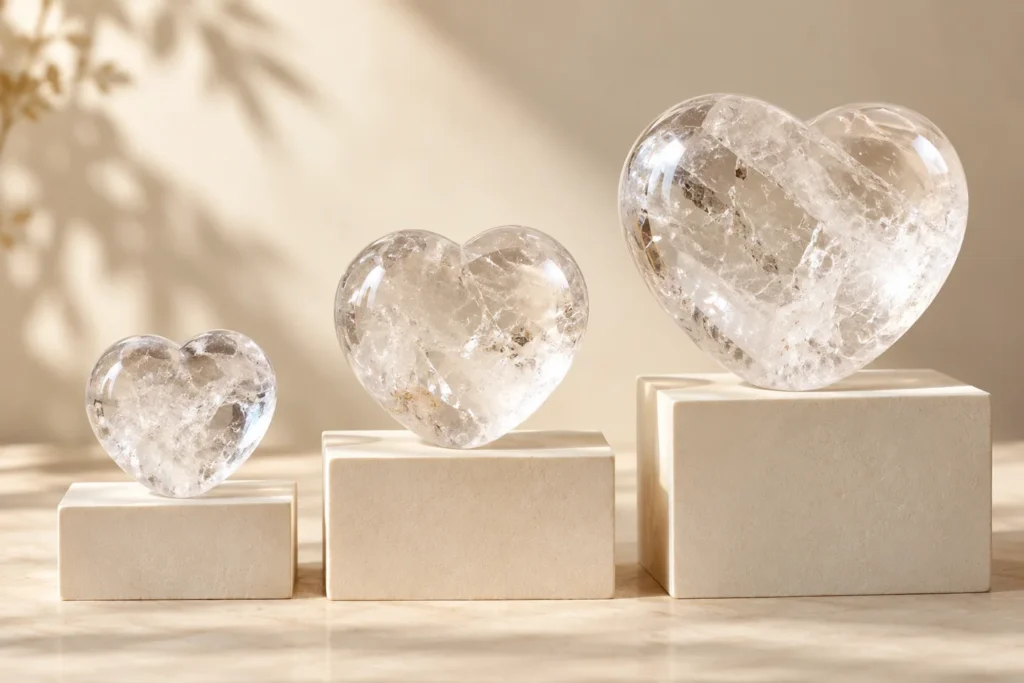 AI illustration: Small, medium and large clear quartz hearts on retail display blocks