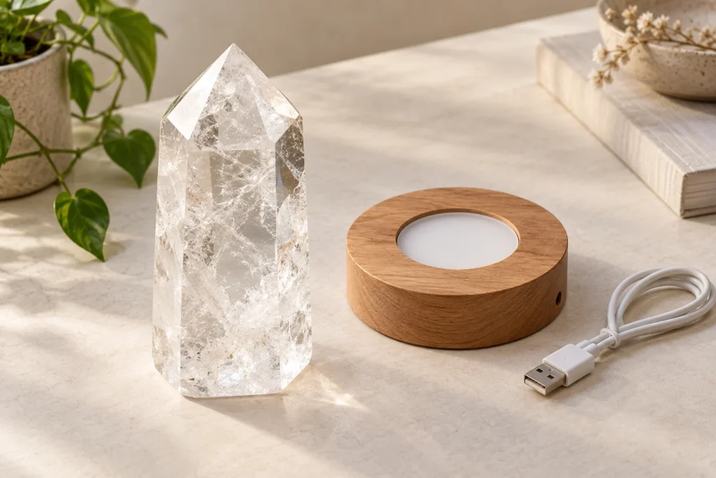 AI-generated illustration of separate clear quartz lamp components: point, wooden base and USB cable