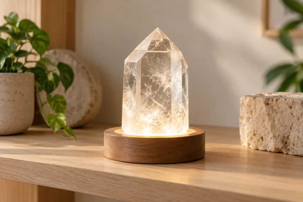 AI-generated illustration of a clear quartz point illuminated by a wooden LED base