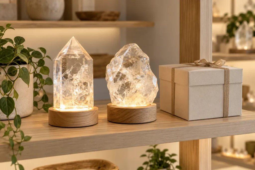 AI-generated illustration of clear quartz lamps in a gift store display
