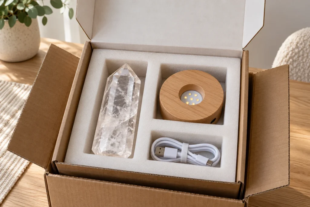AI-generated packaging concept with a clear quartz point, separate lamp base and USB cable in protective compartments