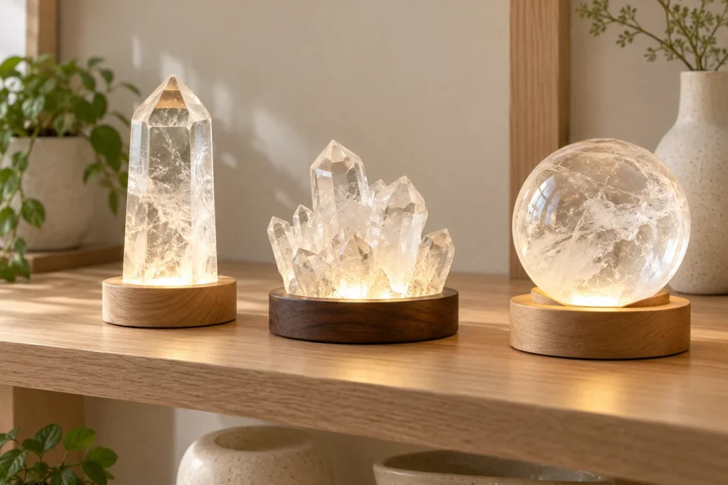AI-generated illustration of point, cluster and sphere clear quartz lamp variants