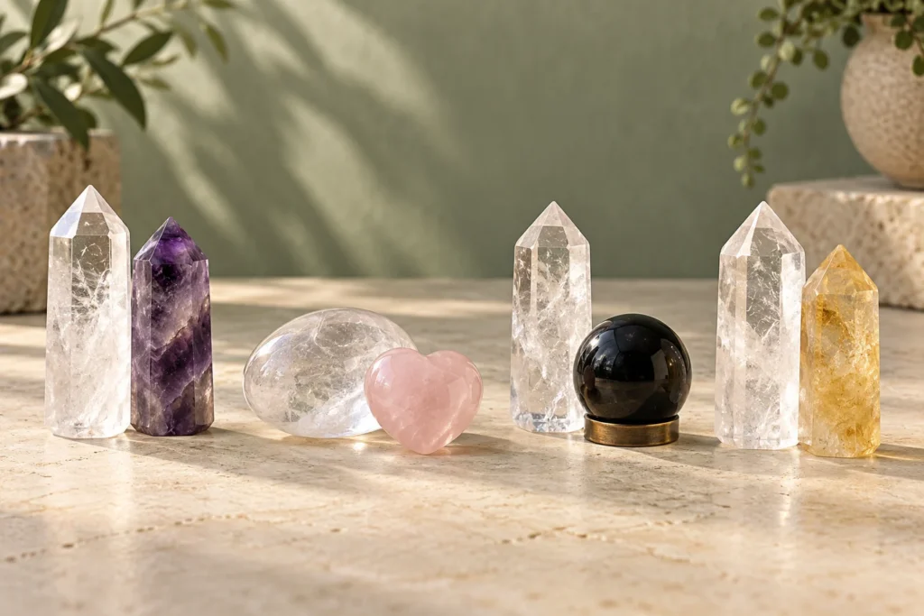AI-generated illustration of clear quartz paired with purple amethyst, pink rose quartz, black obsidian and yellow quartz