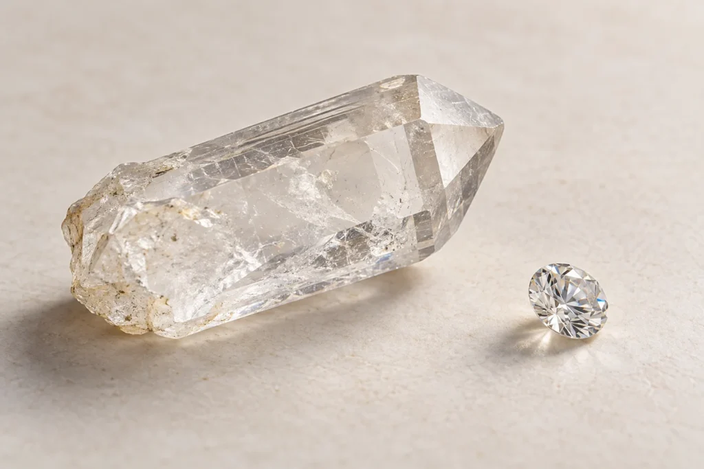 AI-generated illustration of a clear quartz point beside a smaller faceted diamond