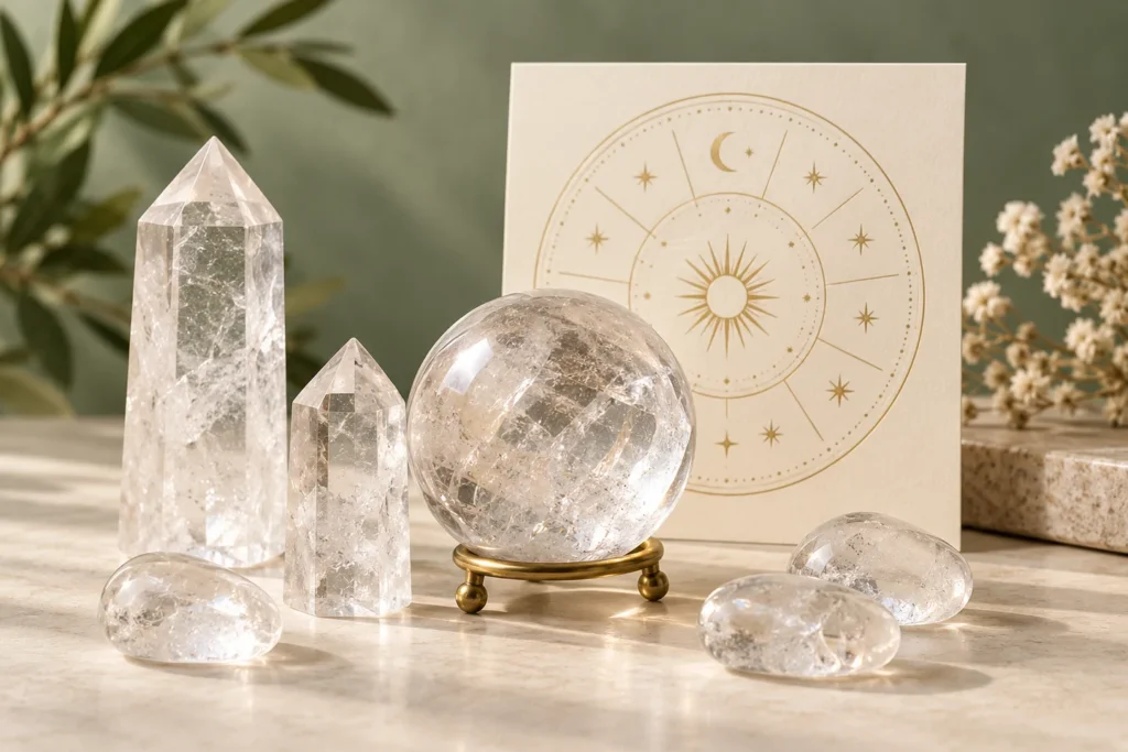 AI-generated illustration of clear quartz points, a sphere and tumbled stones beside a decorative celestial gift card