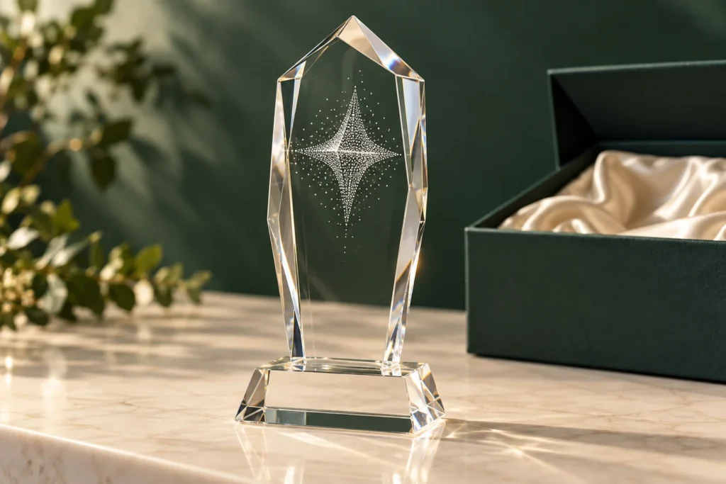AI illustration of a clear glass award with an internal star design beside a presentation box
