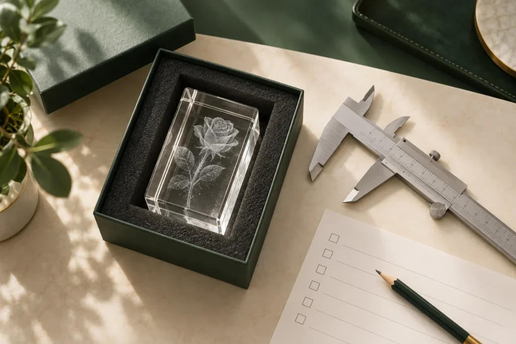 AI illustration of a packaged engraved glass block, caliper and checklist for a wholesale inquiry
