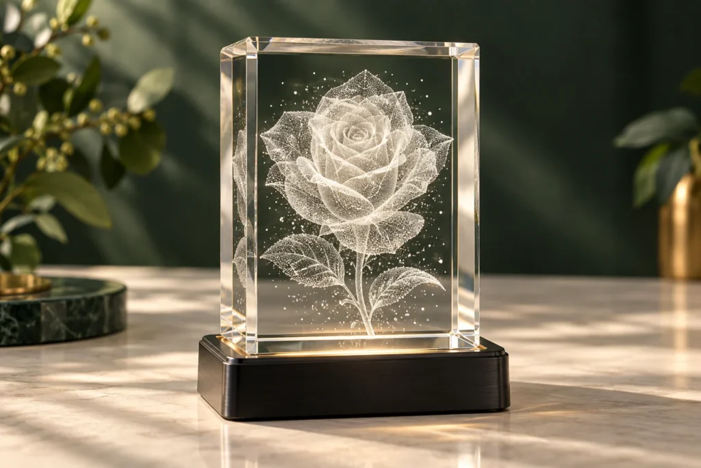 AI illustration of a decorative glass block with an internal rose engraving on an LED display base