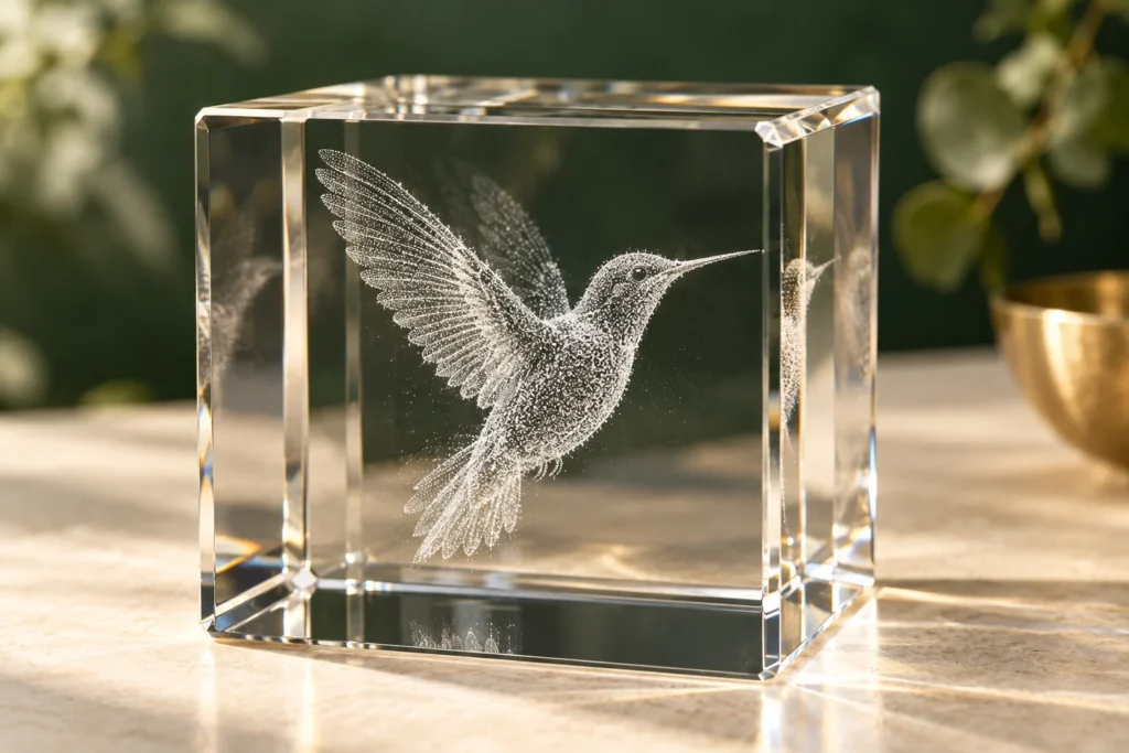 AI illustration of a hummingbird formed by white engraving points inside a polished glass cube