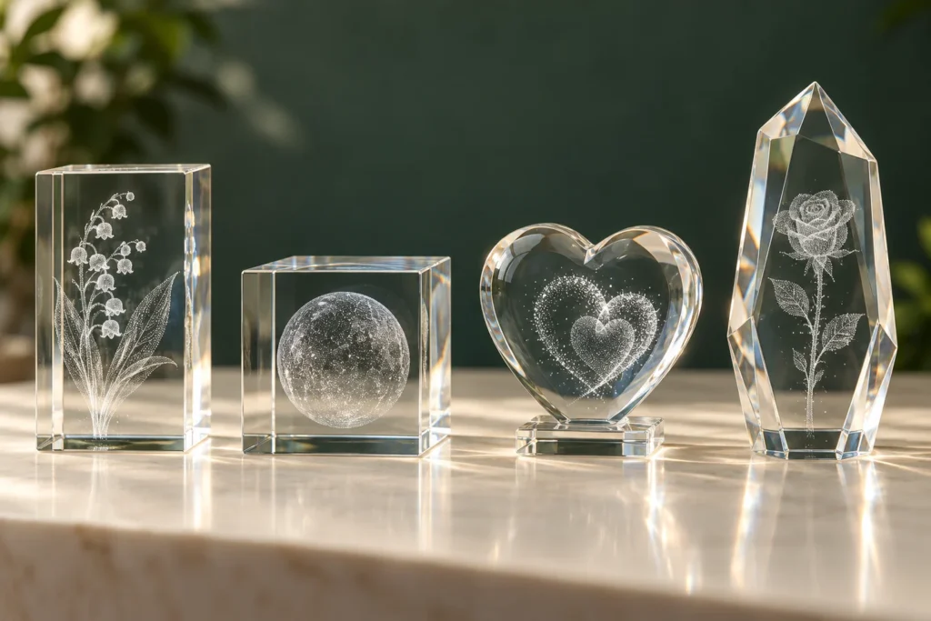 AI illustration of decorative engraved glass in rectangular, cube, heart and award shapes