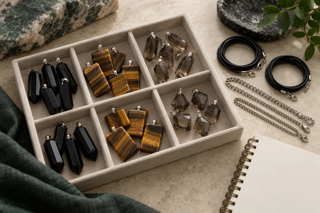 AI illustration of a small mixed crystal pendant assortment beside cords and chains