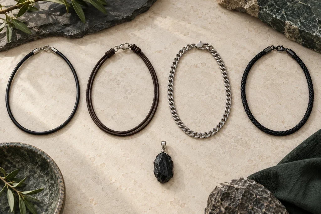 AI illustration of leather, cotton and braided cords with a metal chain