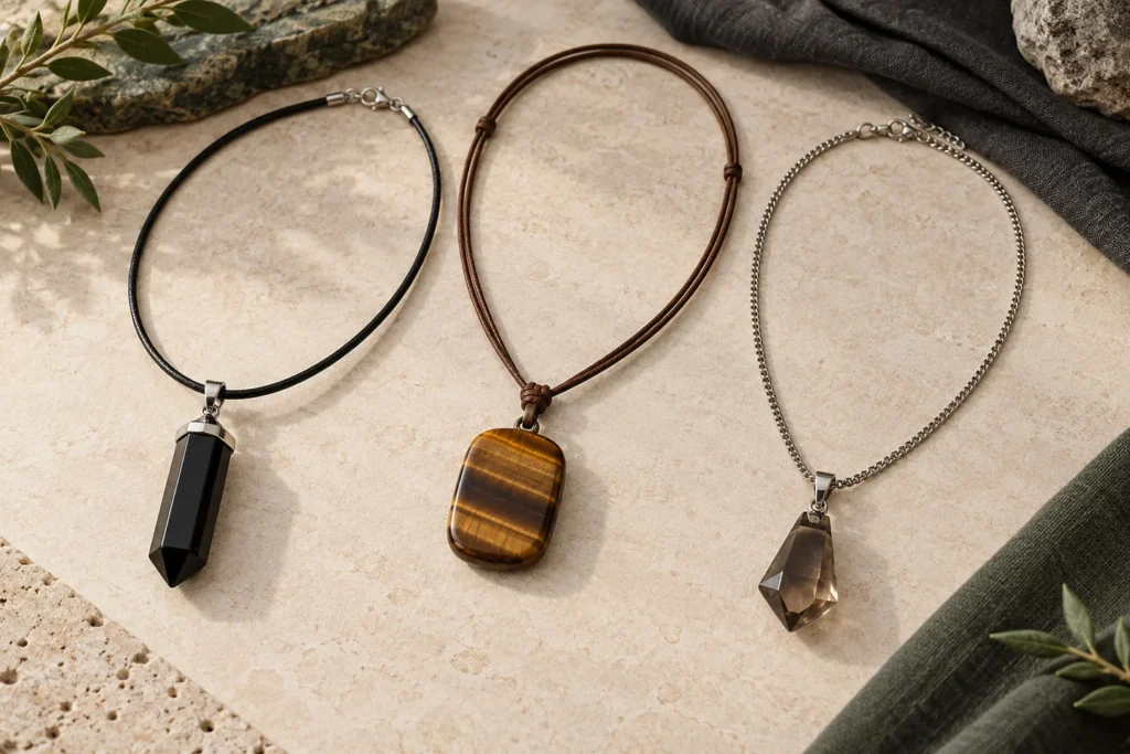 AI illustration of three crystal necklaces in black, golden brown and smoky grey with cords and chain