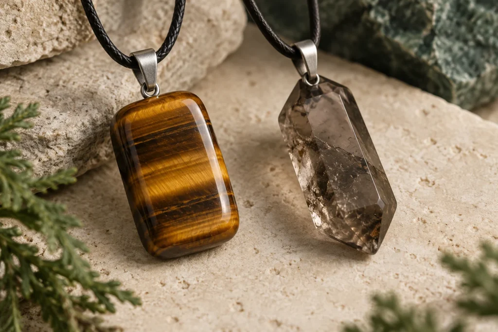 AI illustration comparing tiger's-eye and smoky quartz pendant appearances