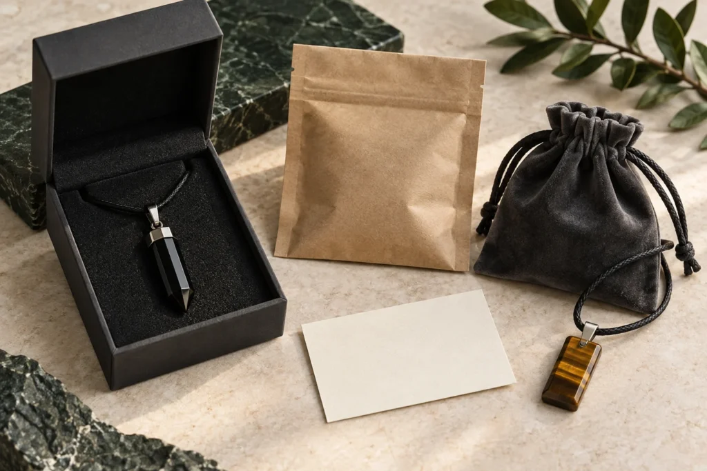 AI illustration of crystal necklaces with a black box, kraft pouch and velvet pouch