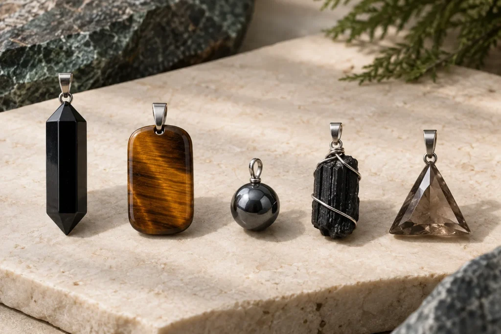 AI illustration comparing point, plaque, bead, raw wrapped and geometric pendant shapes