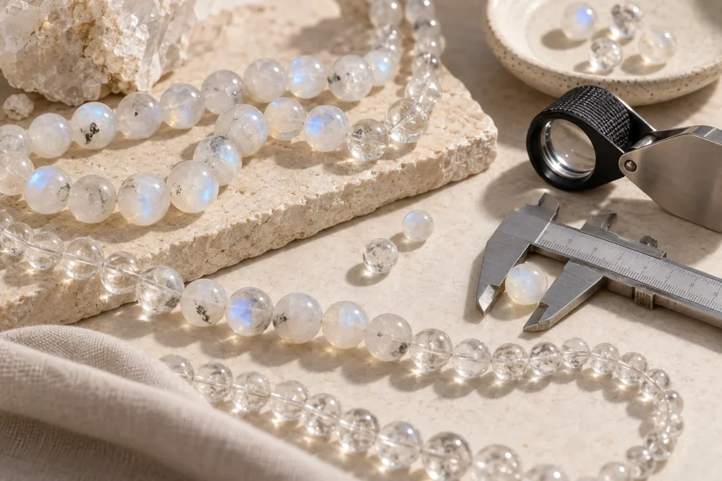 AI illustration: Moonstone and clear quartz beads beside jewelry inspection tools