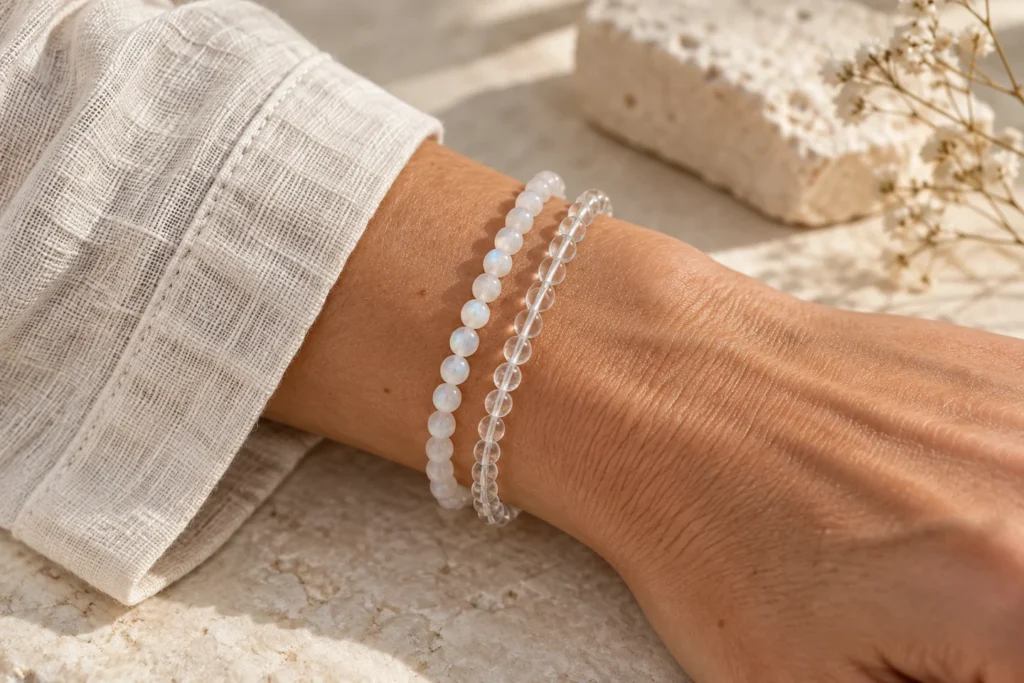 AI illustration: Small moonstone and clear quartz bracelets worn on an adult wrist