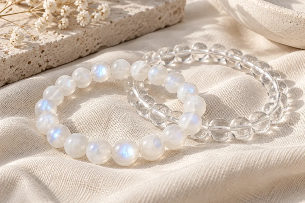 AI illustration: Two moonstone and clear quartz bead bracelets on ivory linen