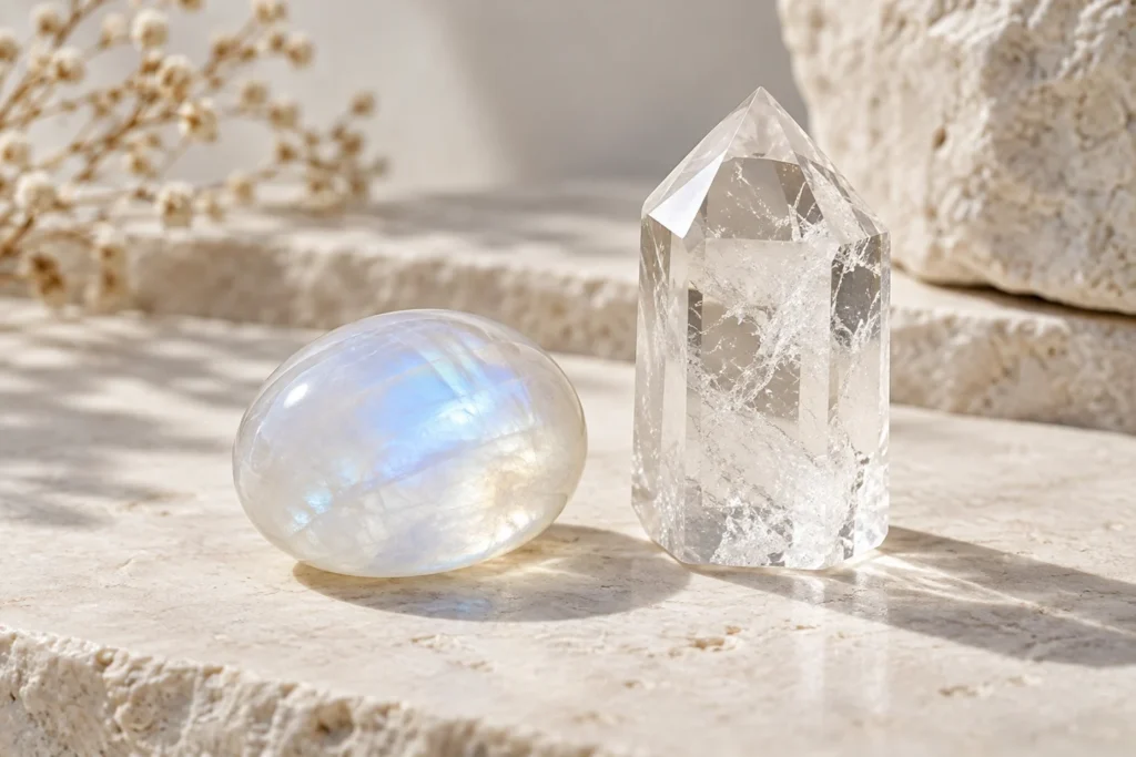 AI illustration: Moonstone cabochon beside a clear quartz point