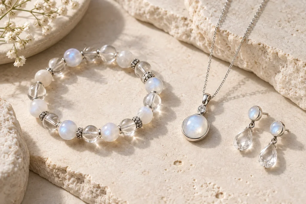 AI illustration: Moonstone and clear quartz bracelet, pendant and earrings
