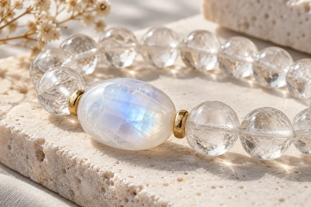 AI illustration: Moonstone focal bead with transparent quartz beads