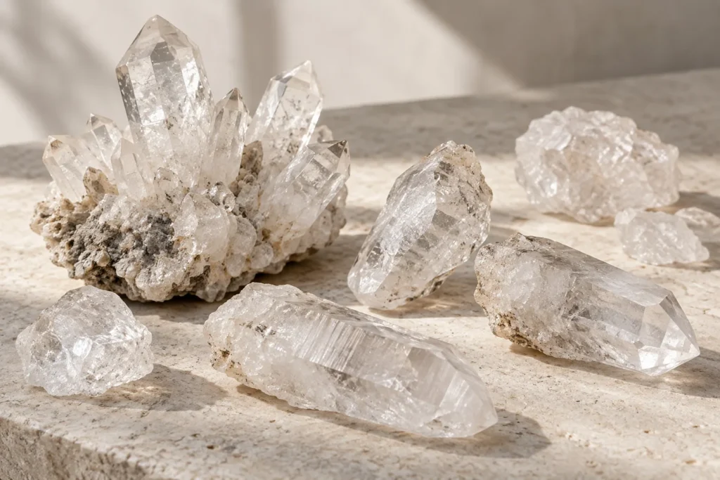 AI illustration: Unpolished clear quartz cluster, natural points and rough pieces on a stone surface